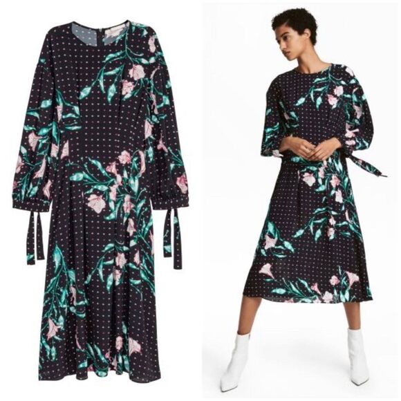 H&M Floral Dot Print Long Sleeve Midi Dress - 8 - Picture 1 of 10